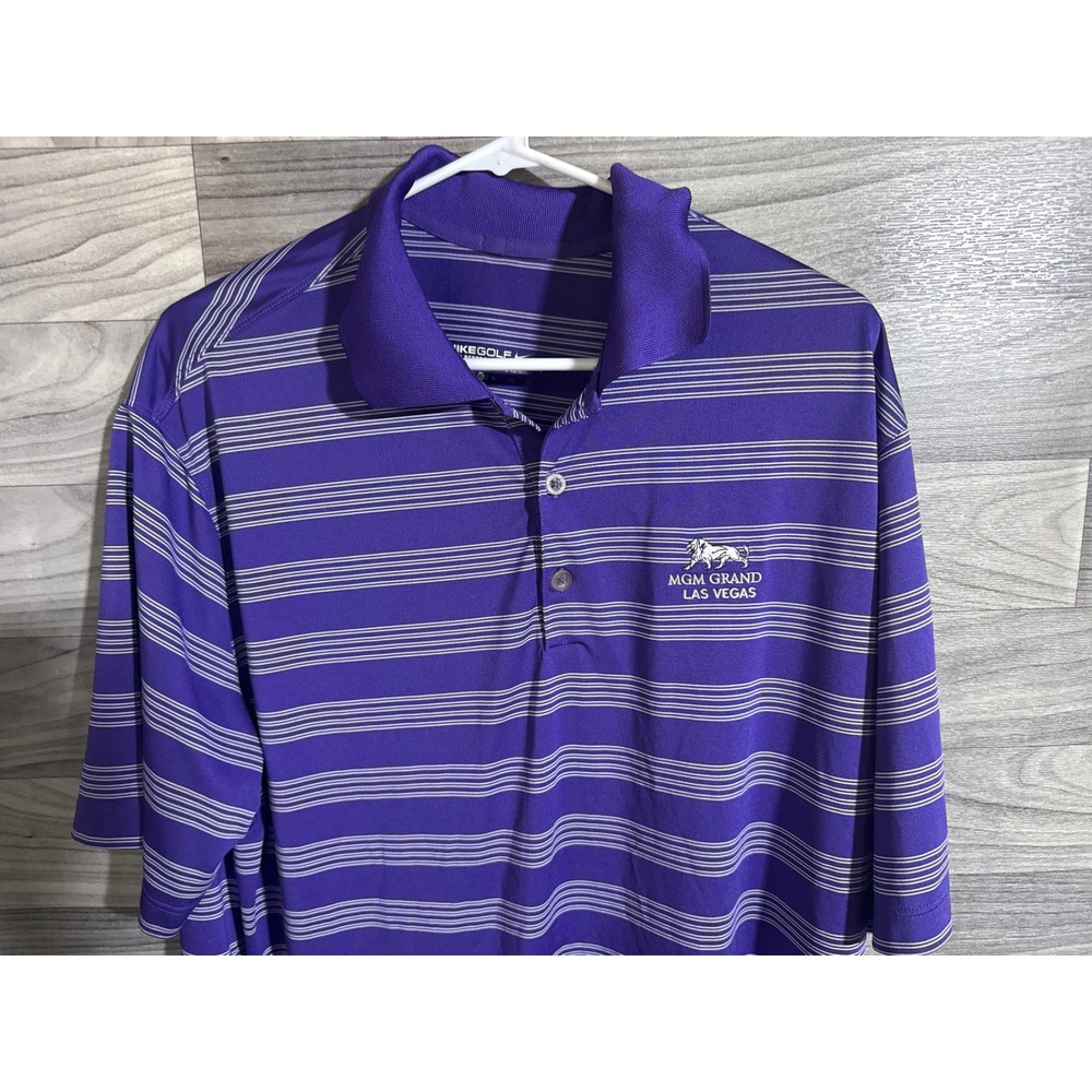 Nike Golf Dri-FIT Polo Shirt Mens XL Purple Striped MGM Grand Las Vegas Logo